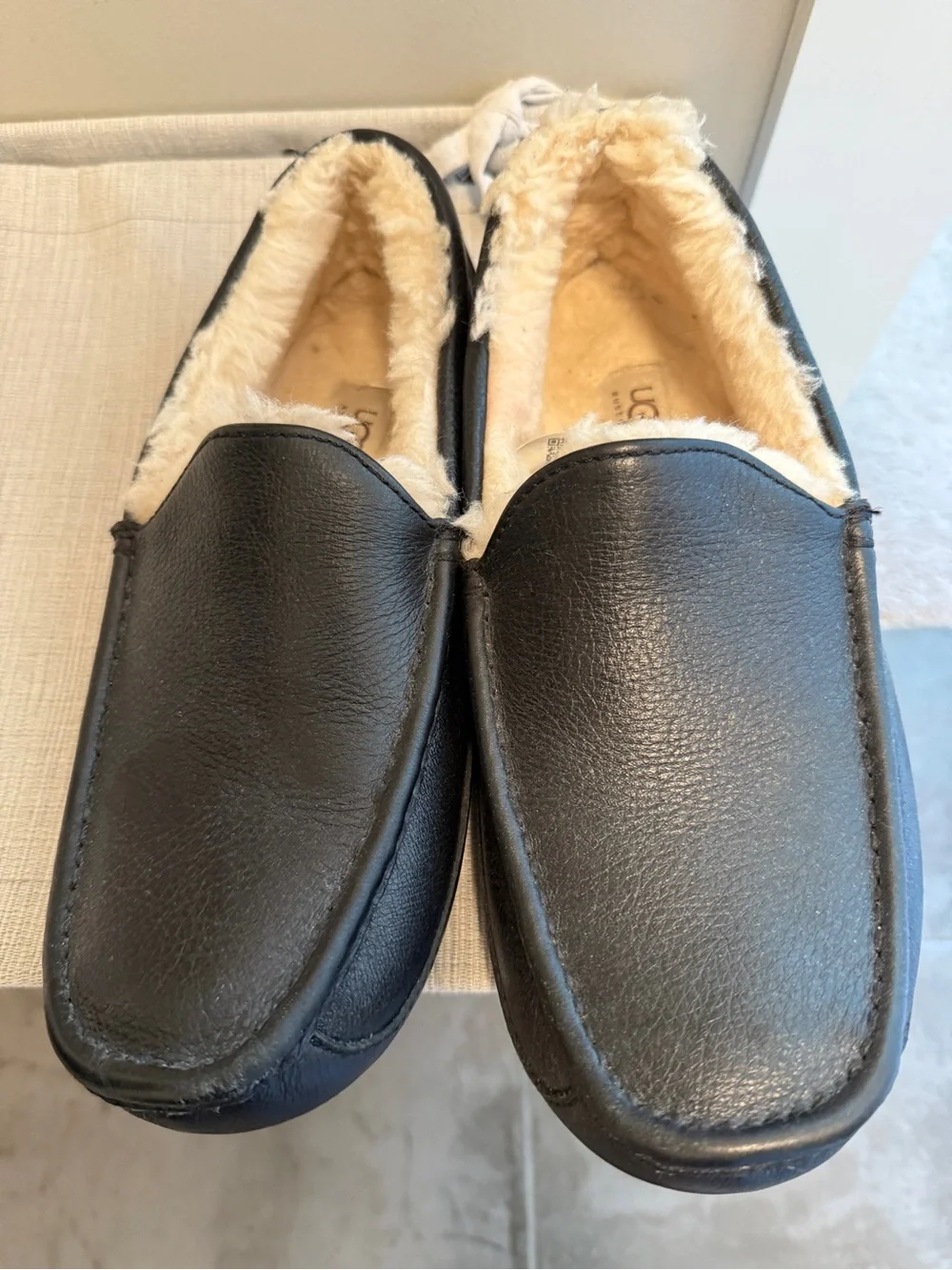 UGG Men's Black Leather Shearling-Lined Slip-Ons